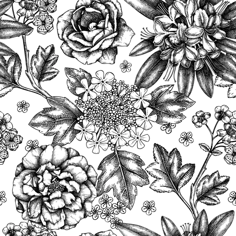 Summer garden plants seamless pattern. Vintage azaleas, hawthorns, roses sketches. Vector floral background with hand drawn botanical elements. For wrapping paper, greeting cards, banners, packaging.